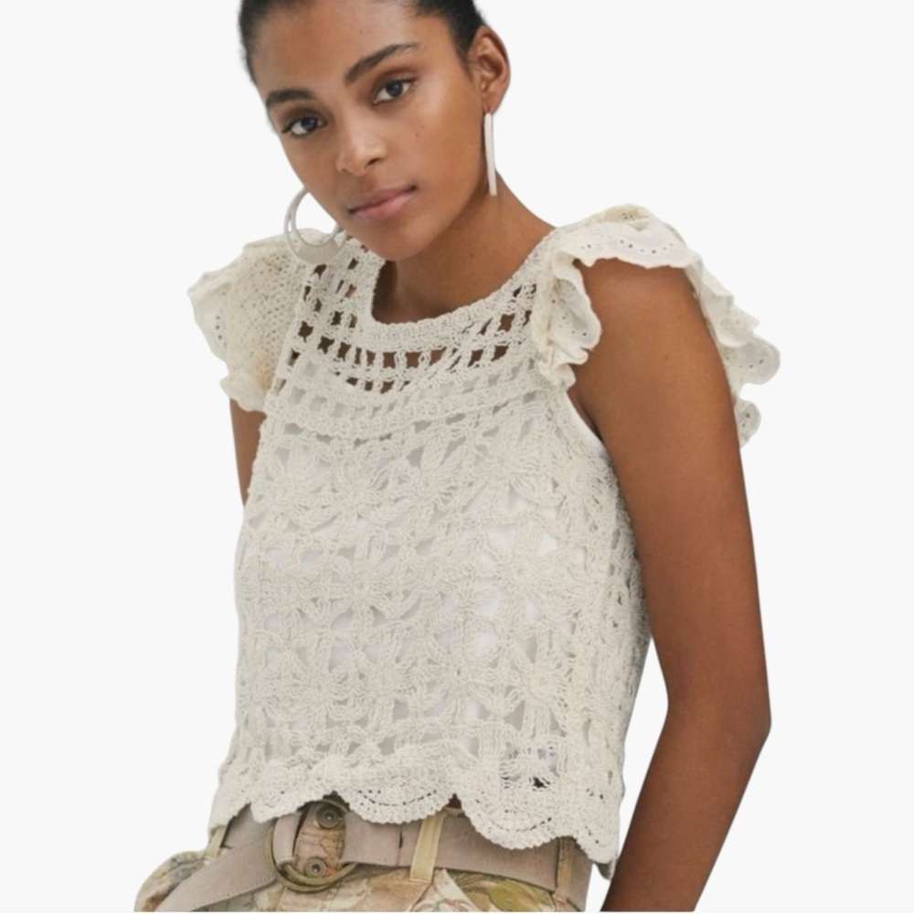 &merci Crochet Flutter Sleeve 2-Piece Top in White Women’s Size S/M